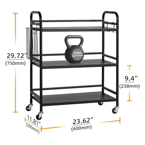 HDANI 3 Tier Metal Rolling Utility Cart,High Capacity Multi Purpose Heavy Duty Cart for Office,Kitchen,Living Room,Bedroom,Black - color: Black, size: Large Solid with Basket