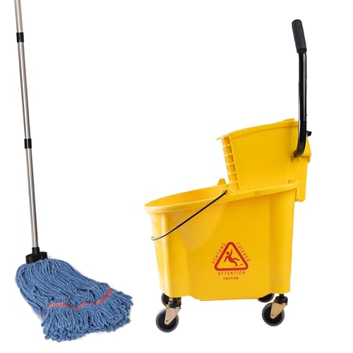 Matthew Cleaning 38 Quart Commercial Mop Bucket INCL.Wet String Mop with Side Press Wringer On Wheels,Heavy Duty Tandem Portable Floor Cleaning Wavebrake,Ideal for Household,Industrial,Restaurant - color: Yellow, size: 38 Quart (Side Press Wringer)
