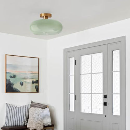Mid Century Ceiling Light Fixture - Milk Glass Shade, Gold Modern Flush Mount Lamp for Hallway, Dining Room, Kitchen - color: Flush-Milk Green