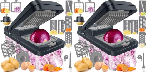 SpaceHacks 12-in-1 Vegetable Chopper, Kitchen Gadgets with 7 Blades, Veggie, Food, Onion Chopper, Cucumber Slicer, Versatile Mandoline, Includes Egg Separator & Finger Guard, Gray (Pack of 2) - color: Gray, size: 7 Blades (Pack of 2)