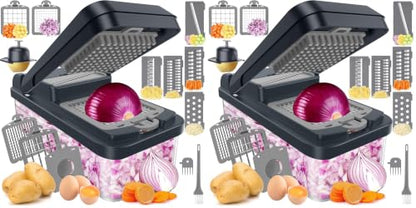 SpaceHacks 12-in-1 Vegetable Chopper, Kitchen Gadgets with 7 Blades, Veggie, Food, Onion Chopper, Cucumber Slicer, Versatile Mandoline, Includes Egg Separator & Finger Guard, Gray (Pack of 2) - color: Gray, size: 7 Blades (Pack of 2)