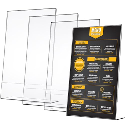 Wenqik 4 Packs 8. 5" x 14" Sign Holders Vertical l Shape Frame Acrylic Document Holder Side Loading Clear Flyer Holder Slanted Desk Paper Display Stand Graphic Poster Shelf for Restaurants Office