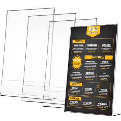 Wenqik 4 Packs 8. 5" x 14" Sign Holders Vertical l Shape Frame Acrylic Document Holder Side Loading Clear Flyer Holder Slanted Desk Paper Display Stand Graphic Poster Shelf for Restaurants Office