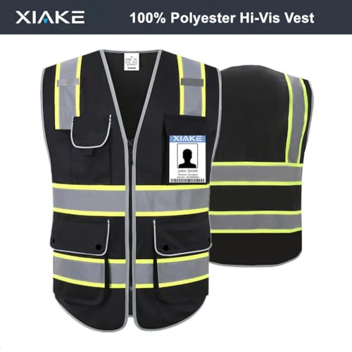 XIAKE Reflective Safety Vest for Men & Women High Visibility Class 2 Vest with Pockets Meets ANSI Standards - color: Black Yellow Trim, size: X-Large
