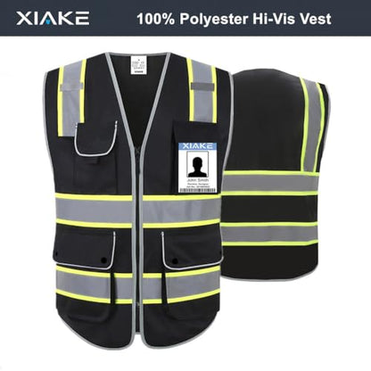 XIAKE Reflective Safety Vest for Men & Women High Visibility Class 2 Vest with Pockets Meets ANSI Standards - color: Black Yellow Trim, size: XX-Large