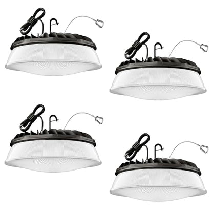 Elaruslux 200W 4 Pack UFO LED High Bay Light with Diffuser 28,000lm 5000K LED High Bay Lights AC110-277V 5' Cable with Plug Waterproof UFO Lights for Garage Shop Gym Factory - size: 4 Pack