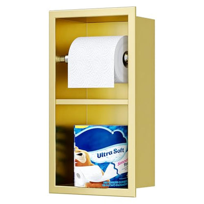 Qeke Recessed Toilet Paper Holder, Dual Rolls Tissue Toilet Holder, Golden - color: Brushed Golden
