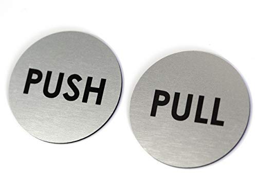 Brushed Silver Push Pull Door Signs | Set of 2 | 2" Round - Laser Engraved Acrylic | Indoor & Outdoor Signage | 3M Adhesive on Back of Sign | Ready to Hang - size: 2" Diameter