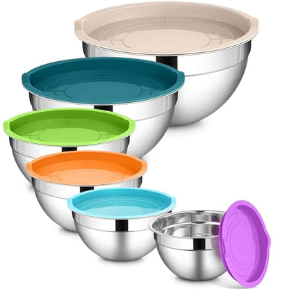 LIANYU 6 PCS Mixing Bowls with Lids Set, Metal Nesting Bowls for Kitchen - color: Colorful, style: Atlas Base with Airtight Lids