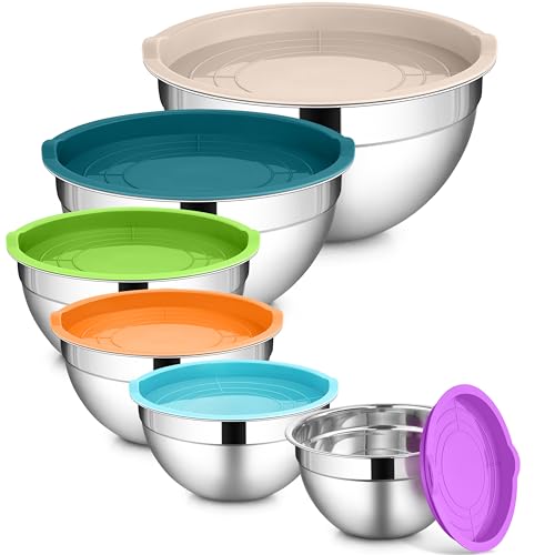 LIANYU 6 PCS Mixing Bowls with Lids Set, Metal Nesting Bowls for Kitchen - color: Colorful, style: Atlas Base with Airtight Lids