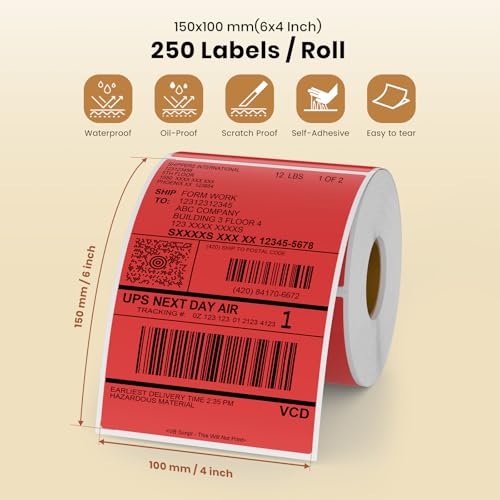 Red Thermal Labels 4 × 6 Inch Waterproof Vinyl Stickers 250 PCS - color: Red