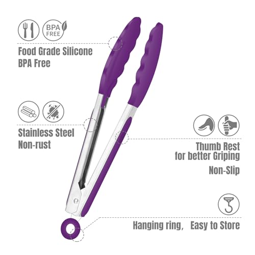 HOTEC Small Silicone Kitchen Tongs 7-Inch Mini Serving Tongs, Set of 3 - color: Purple
