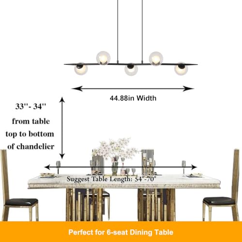 Siittoo 44.88In Modern Black Linear Chandelier with Clear Glass Globes - color: 44 in/Black/5-light(not included bulbs)