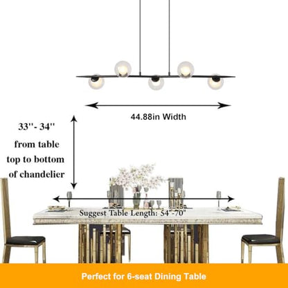 Siittoo 44.88In Modern Black Linear Chandelier with Clear Glass Globes - color: 44 in/Black/5-light(not included bulbs)