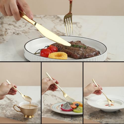 Berglander Gold Silverware Set 60pcs Service for 12, Golden Titanium Plating Stainless Steel Flatware Set, Gold Spoons Forks Knives Set for Home, Wedding, Restaurant, Hotel, Dishwasher Safe - color: a. 60 Pcs A