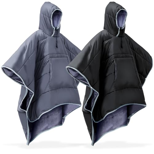 Preboun Thermal Poncho Wearable Hooded Blanket Winter Poncho Wearable Sleeping Bag Water Resistant Windproof for Men Women - color: Black and Dark Grey