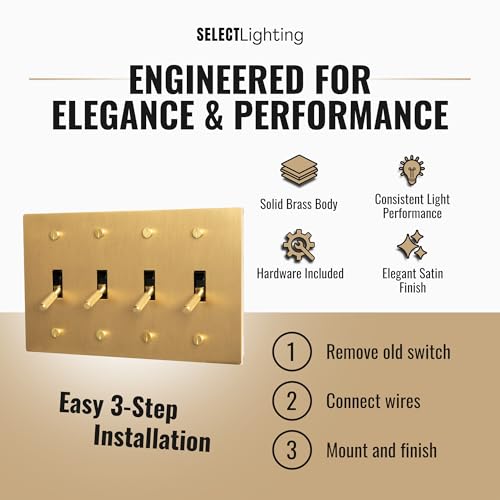 Select 4-Gang Solid Brass Toggle Switch, 3-Way Compatible with Faceplate - color: Satin Brass, size: 4 Gang, style: Toggle Switch