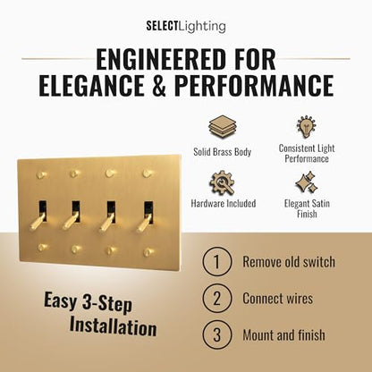 Select 4-Gang Solid Brass Toggle Switch, 3-Way Compatible with Faceplate - color: Satin Brass, size: 4 Gang, style: Toggle Switch