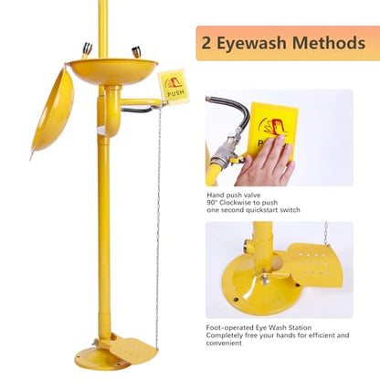 Pedal Operated Emergency Shower Eye Wash Station, 304 Stainless Steel and ABS Yellow Coating, Eyewash Basin with Dust Cover & Emergency Sign, NPT Thread, Yellow