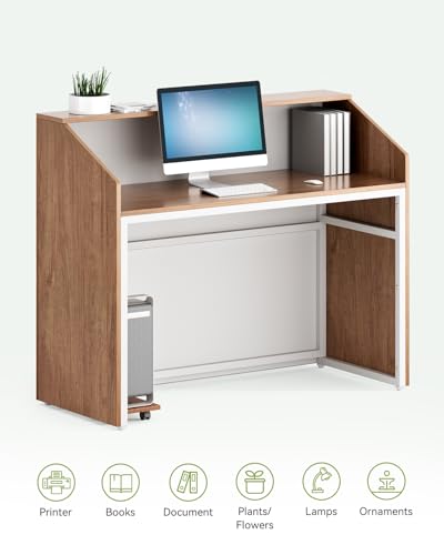 LITTLE TREE 47-Inch Reception Desk with Counter, Oak Front Desk Reception Room Table, Retail Counter for Checkout, Modern Welcome Desk for Lobby, Office, Beauty Salon - color: Brown
