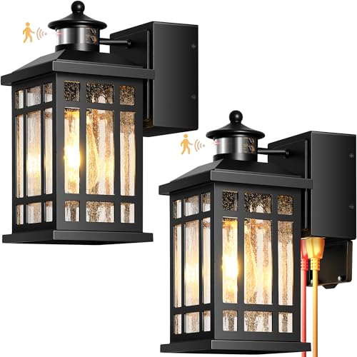 Porch Light with GFCI Outlet, Black Motion Sensor Outdoor Lights 2-Pack, Outside Wall Lights for House, Garage, Doorway, Garden, Aluminum Waterproof and Anti-Rust, Distance and Time Adjustable - color: Black, size: Motion Sensor 2-Pack