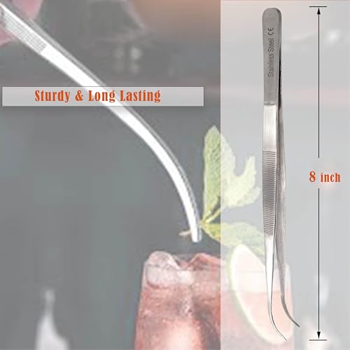 Professional Culinary Stainless Steel Precision Tongs With Serrated Tips - Plating/Food Presentation Detailing Serving - Chef's Kitchen Tweezer - Ultra Non-Slip Grip (8" Curved Slim) - size: 8" Curved Slim