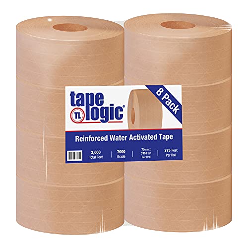 Tape Logic (8 Rolls) 70mm x 375 Feet, Reinforced Gummed Kraft Paper Packing Tape, Water Activated, Tamper Evident, for Shipping and Packaging