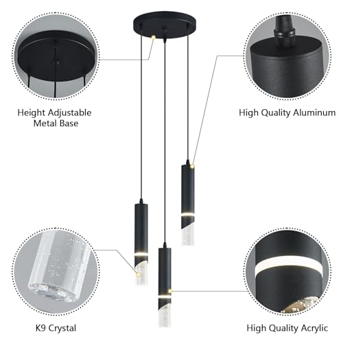 Modern Dimmable Led Pendant Lights Kitchen Island, Ideal for Living Room, Bedroom,Sink 18w LED Crystal Energy-Saving Hanging Lamp for Cozy Lighting (Black 3 Light) - size: 3-Light