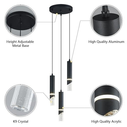 Modern Dimmable Led Pendant Lights Kitchen Island, Ideal for Living Room, Bedroom,Sink 18w LED Crystal Energy-Saving Hanging Lamp for Cozy Lighting (Black 3 Light) - size: 3-Light