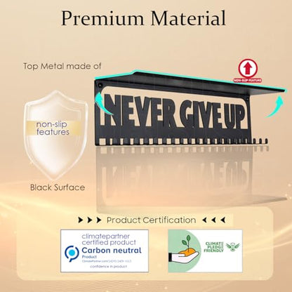 iBobbish Metal Medal Hanger Display,Non-Slip Trophy Shelf with 20 Hooks,Wall Mount,Heavy Duty,Non-Bent,Holds 22-33lbs,for Gymnastics,Race,Soccer,Swim - color: Black, style: NON-SLIP NEVER GIVE UP