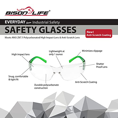 BISON LIFE Clear/Green Safety Glasses for Men & Women, ANSI Z87.1, 12 Pack - color: Clear/Green