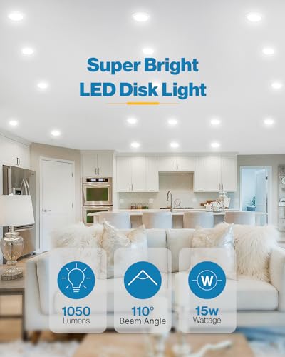 Sunco 24 Pack 5/6 Inch LED Disk Light, 1050 Lumens, 3000K Warm White, 15W, 120V Indoor Flush Mount Ceiling Downlight, Damp Rated, Dimmable Recessed Lighting - ETL, FCC & RoHS - size: 6" (3000K)