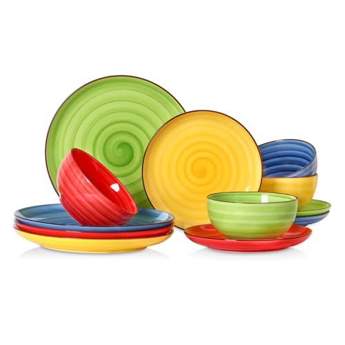 Selamica Ceramic Plates and Bowls Sets,12 Pieces Dinnerware Sets for 4,Scratch Resistant Dish Set,Dishwasher & Microwave Safe, Dopamine - color: Dopamine, size: Service for 4 (12 Pcs)