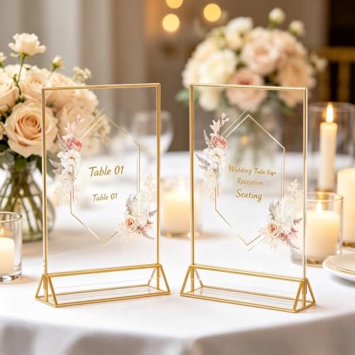 3 Pack Gold Acrylic Sign Holder 8.5 x 11 Inches, Double Sided Vertical Table Top Stand for Wedding Table Numbers, Nail Salon Price Lists, Vendor Booth, Business Store & Party Tabletop Display