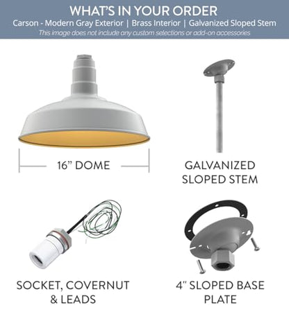 12" Sloped Stem Barn Light Pendant 16" Dome | Garage | Modern Gray/Brass - color: Modern Gray / Brass, size: 12" Sloped Stem