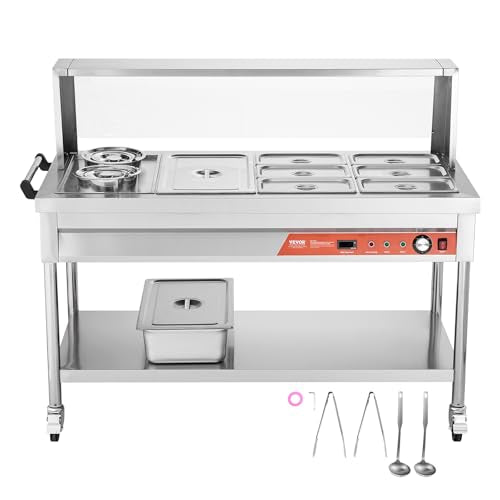 VEVOR Commercial Food Warmer, 7 Pans + 2 Pots Electric Steam Table, 1800W Professional Buffet Catering Food Warmer with Shield Undershelf Wheels, Stainless Steel Server for Party Restaurant Hotel - size: 7 Pans + 2 Pots Large