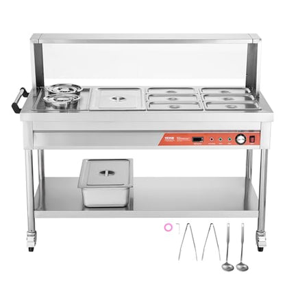 VEVOR Commercial Food Warmer, 7 Pans + 2 Pots Electric Steam Table, 1800W Professional Buffet Catering Food Warmer with Shield Undershelf Wheels, Stainless Steel Server for Party Restaurant Hotel - size: 7 Pans + 2 Pots Large