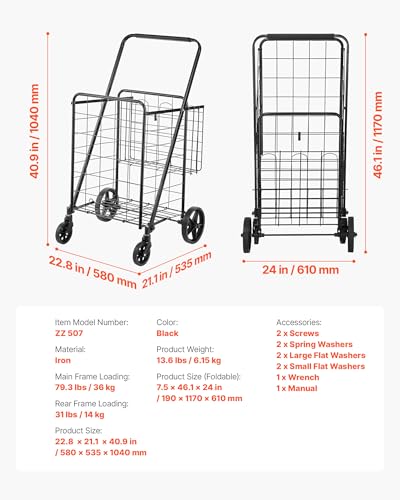 VEVOR Folding Shopping Cart, Jumbo Grocery Utility Cart with Double Baskets, 360° Swivel Wheels, 110 LBS Large Capacity Heavy Duty for Laundry, Shopping, Grocery, Luggage, Black - size: Large