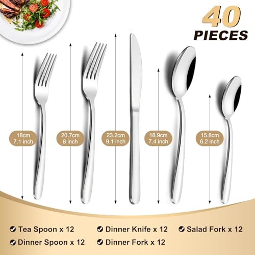 Pleafind Silverware Set - 40-Pcs Stainless Steel Flatware Set for 8 People, Cutlery Set Includes Forks Spoons and Knives Set, Mirror Finished Utensil Sets for Home Restaurant, Dishwasher Safe - size: 40 pieces