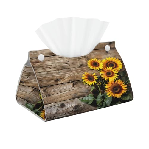 Tissue Box Cover Retro Wooden Sunflower Rectangle PU Leather Tissue Box Holder for Car Bathroom Bedroom Desk Tabletop Decor - color: Retro Wooden Sunflower