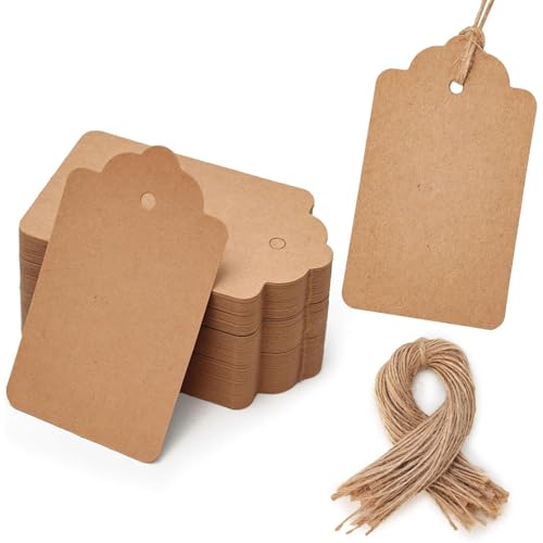 SALLYFASHION 100PCS Gift Tags with String Attached, Kraft Paper Hang Tags - color: Brown