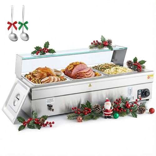 WILPREP 3-Pan Commercial Food Warmer with Sneeze Guard, Three 1/2 Pans, 1500W Countertop Electric Steam Table, 86-185°F Adjustable Temp Control, Stainless Steel Buffet Bain Marie - size: 1/2 pan*3