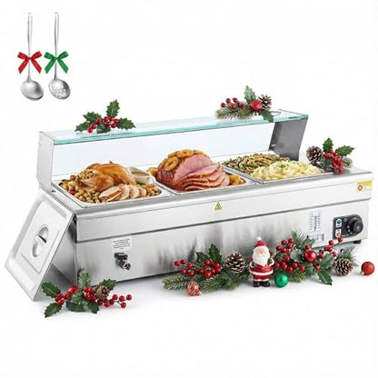 WILPREP 3-Pan Commercial Food Warmer with Sneeze Guard, Three 1/2 Pans, 1500W Countertop Electric Steam Table, 86-185°F Adjustable Temp Control, Stainless Steel Buffet Bain Marie - size: 1/2 pan*3