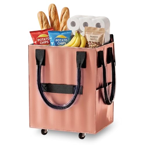 Reusable Grocery Bag on Wheel, Foldable Shopping Cart with Wheels, Can Carry up to 67 Pounds, Suitable for Groceries, Laundry, Camping and Moving. (Rose Gold - Medium) - color: Rose Gold - Medium