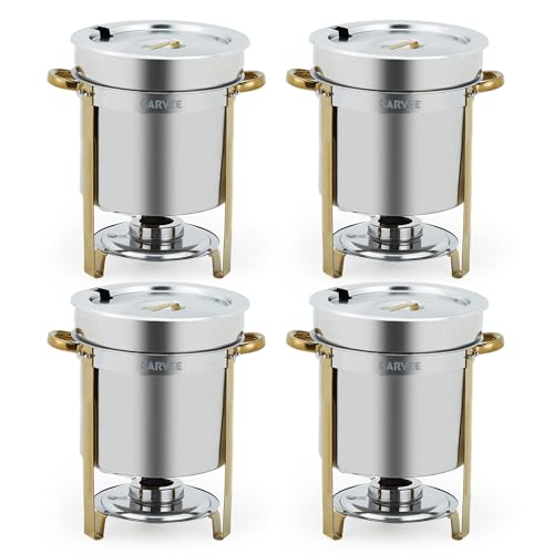 GarveeHome 11QT Round Soup Chafer Sets of 4, Commercial Soup Warmer with Pot, Notched Lids & Fuel Holders, Stainless Steel Food Warmer for Buffets Parties Wedding Banquets Catering, Gold - color: Gold, size: 11QT-4 Pcs