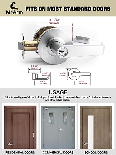 MrArm Commercial Door Lever Lock, Heavy-Duty Locking Door Handle, Designer Door Handles, Cylindrical Lever Lock, Non-Handed Grade 2 Industrial Standard Door Handle, Satin Chrome(Classroom)