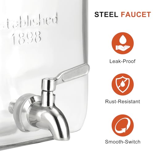 2 Gallon Glass Drink Dispenser with Stand, Stainless Steel Leakproof Spigot and Lid, Glass Drink Dispensers for Parties, Water Beverage Dispenser - size: 2 Gallon With Stand