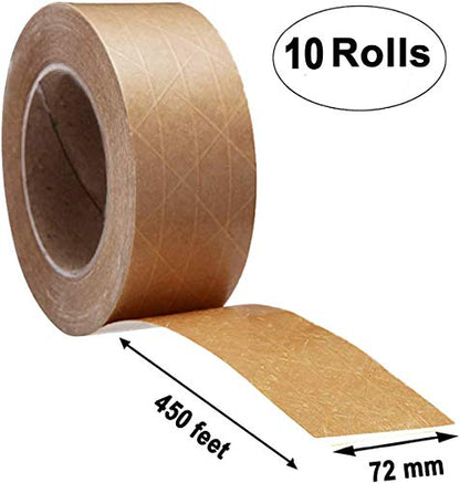 ABC PACK & SUPPLY Kraft Packing Tape, 72 mm x 450 ft, 10 Rolls Fiberglass Reinforced Water Activated Carton Sealing Tape for Shipping Boxes, Heavy Duty Gummed Paper Tapes for Packaging