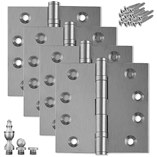 Solid Brass Door Hinge Heavy Duty Ball Bearing Matte Silver 4x4 Inch with Decorative Screw-on Tips Included - Set of 4 Hinges (Satin Nickel) - color: Satin Nickel