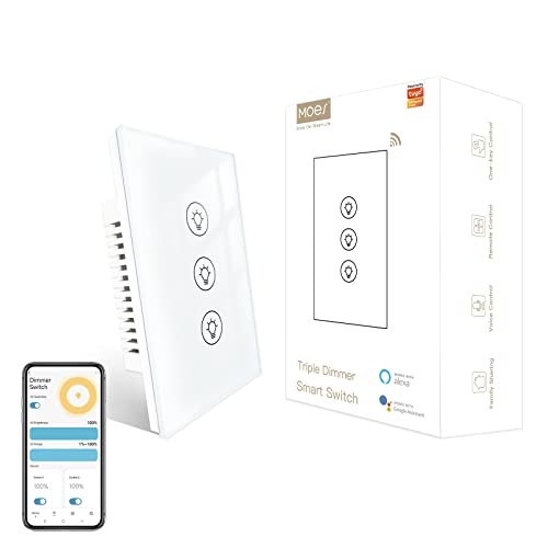 MOES Triple Dimmer Switch for LED Lights, Full Range Dimming, WiFi Smart Light Switch Neutral Wire Required, Single Pole, 300W INC, 75W LED/CFL, Smart Life/Tuya APP Remote Control - color: White, size: Triple Dimmer Switch